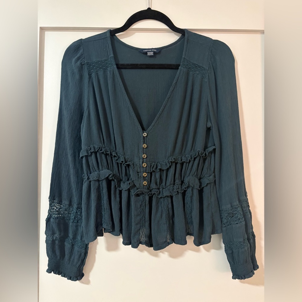 American Eagle Outfitters Teal Ruffle Blouse